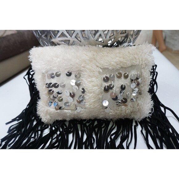 Moroccan Fringe Bag Handira Kilim Suede Leather Clutch with Chain Strap - Picture 8 of 10